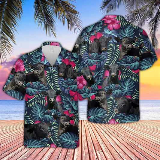 Hawaiian Cow Shirt, Black Angus Cattle Floral Tropical Leaves Pattern Hawaiian Shirt, Animal Hawaiian Shirts, Farmer Shirts
