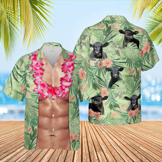 Hawaiian Cow Shirt, Black Angus Cattle Funny 6-Pack Body Hawaiian Shirt, Animal Hawaiian Shirts, Farmer Shirts
