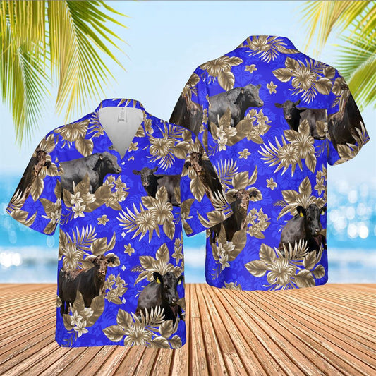 Hawaiian Cow Shirt, Black Angus Cattle Lovers Aloha Pattern Blue All Over Printed 3D Hawaiian Shirt, Animal Hawaiian Shirts, Farmer Shirts
