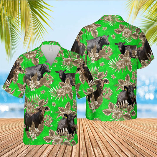Hawaiian Cow Shirt, Black Angus Cattle Lovers Aloha Pattern Green All Over Printed 3D Hawaiian Shirt, Animal Hawaiian Shirts, Farmer Shirts