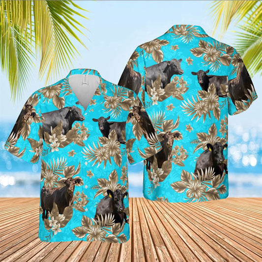 Hawaiian Cow Shirt, Black Angus Cattle Lovers Aloha Pattern Light Blue All Over Printed 3D Hawaiian Shirt, Animal Hawaiian Shirts, Farmer Shirts