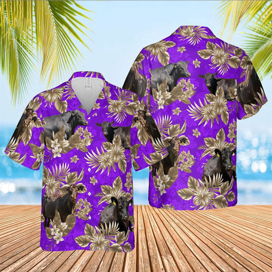 Hawaiian Cow Shirt, Black Angus Cattle Lovers Aloha Pattern Purple All Over Printed 3D Hawaiian Shirt, Animal Hawaiian Shirts, Farmer Shirts