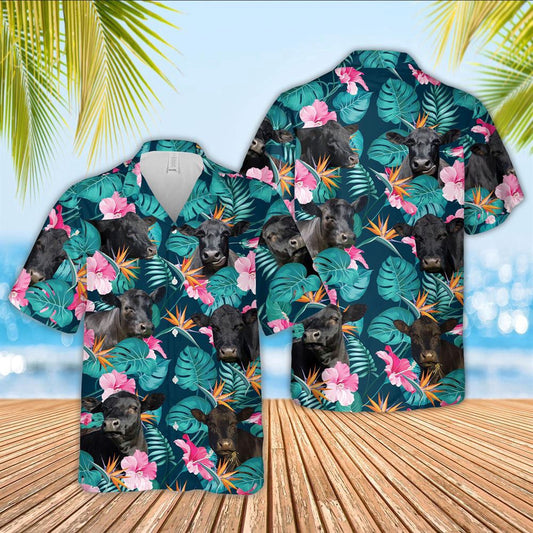 Hawaiian Cow Shirt, Black Angus Cattle Palm Leaves Pattern Hawaiian Shirt, Animal Hawaiian Shirts, Farmer Shirts
