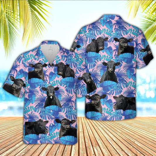 Hawaiian Cow Shirt, Black Angus Cattle Tropical Blue Palm Leaves Blue Hawaiian Shirt, Animal Hawaiian Shirts, Farmer Shirts