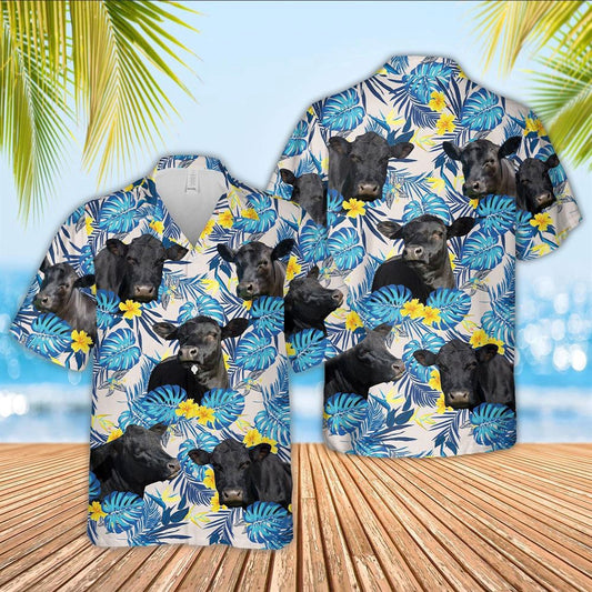 Hawaiian Cow Shirt, Black Angus Cattle Tropical Blue Palm Leaves Hawaiian Shirt, Animal Hawaiian Shirts, Farmer Shirts