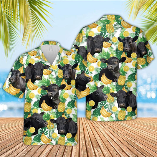 Hawaiian Cow Shirt, Black Angus Cattle White Tropical Fruits Pattern Hawaiian Shirt, Animal Hawaiian Shirts, Farmer Shirts