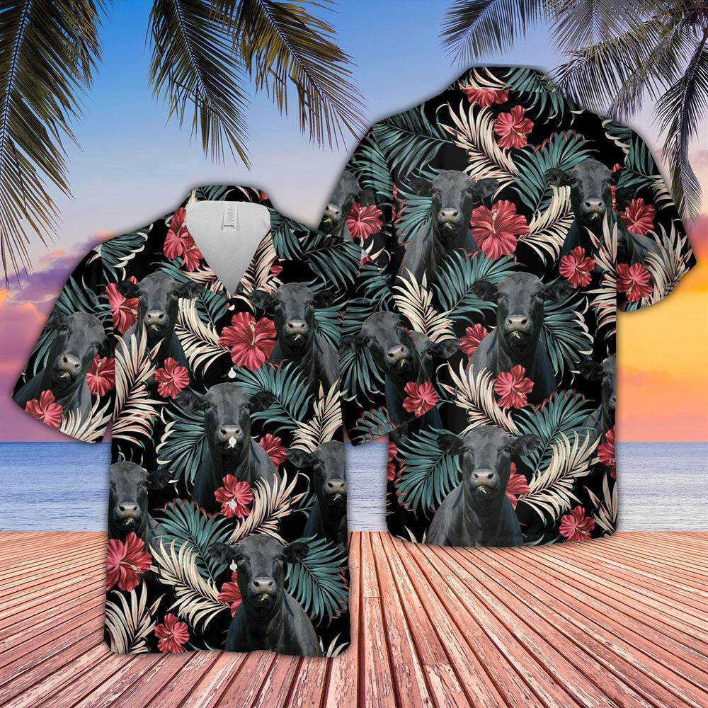 Hawaiian Cow Shirt, Black Angus Dark Red Flowers Pattern Hawaiian Shirt, Animal Hawaiian Shirts, Farmer Shirts