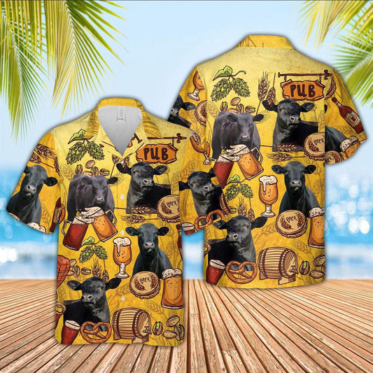 Hawaiian Cow Shirt, Black Angus Drink Beer Pattern 3D Hawaiian Shirt, Animal Hawaiian Shirts, Farmer Shirts