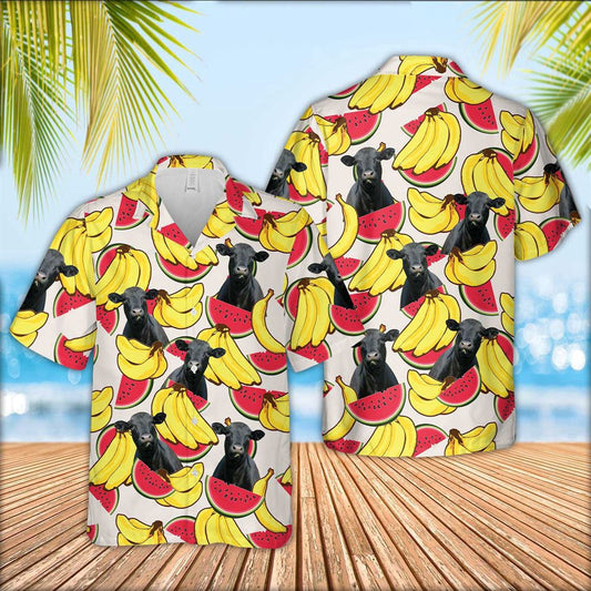 Hawaiian Cow Shirt, Black Angus Face Fruit Pattern 3D Hawaiian Shirt, Animal Hawaiian Shirts, Farmer Shirts