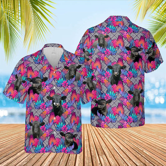 Hawaiian Cow Shirt, Black Angus Face Leaf Pattern 3D Hawaiian Shirt, Animal Hawaiian Shirts, Farmer Shirts