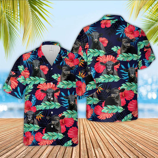 Hawaiian Cow Shirt, Black Angus Face Tropical Pattern 3D Hawaiian Shirt, Animal Hawaiian Shirts, Farmer Shirts