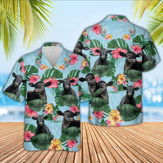 Hawaiian Cow Shirt, Black Angus Flower Pattern 3D Hawaiian Shirt, Animal Hawaiian Shirts, Farmer Shirts