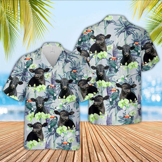 Hawaiian Cow Shirt, Black Angus Flower Pattern 3D Hawaiian Shirts, Animal Hawaiian Shirts, Farmer Shirts