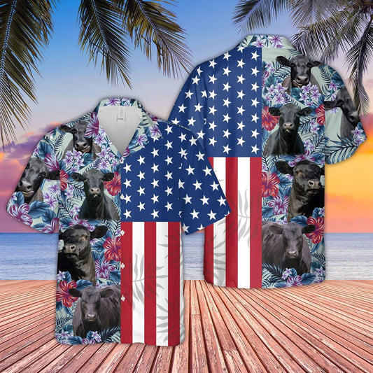 Hawaiian Cow Shirt, Black Angus Flower Pattern Us Flag 3D Hawaiian Shirt, Animal Hawaiian Shirts, Farmer Shirts