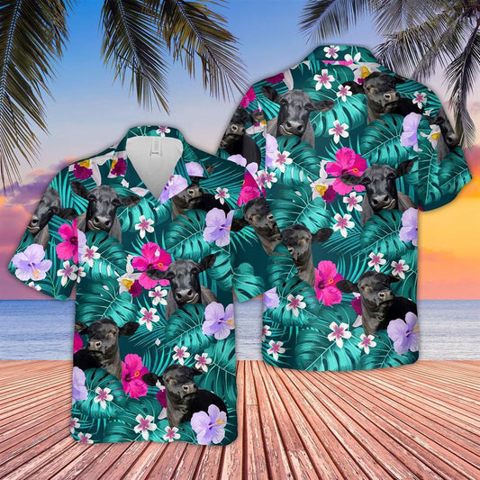 Hawaiian Cow Shirt, Black Angus Green Hibicus Tropical Pattern 3D Hawaiian Shirt, Animal Hawaiian Shirts, Farmer Shirts