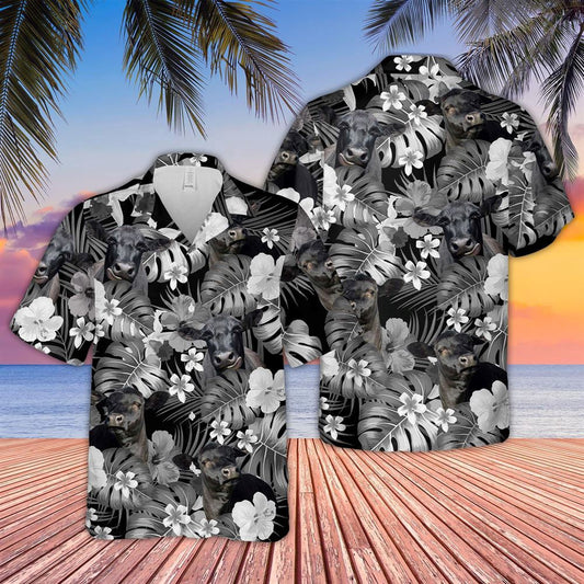 Hawaiian Cow Shirt, Black Angus Grey Hibicus Tropical Pattern 3D Hawaiian Shirt, Animal Hawaiian Shirts, Farmer Shirts