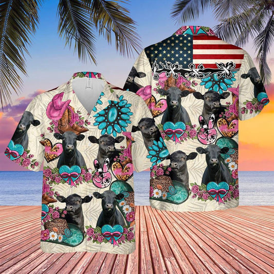 Hawaiian Cow Shirt, Black Angus Happiness Flowers 3D Hawaiian Shirt, Animal Hawaiian Shirts, Farmer Shirts
