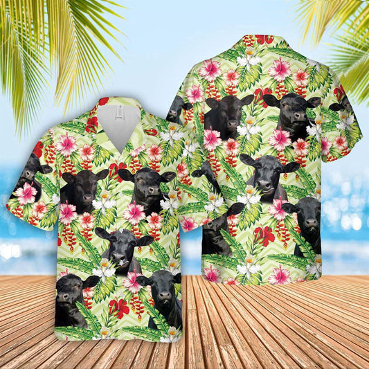 Hawaiian Cow Shirt, Black Angus Hibicus Floral 3D Hawaiian Shirt, Animal Hawaiian Shirts, Farmer Shirts