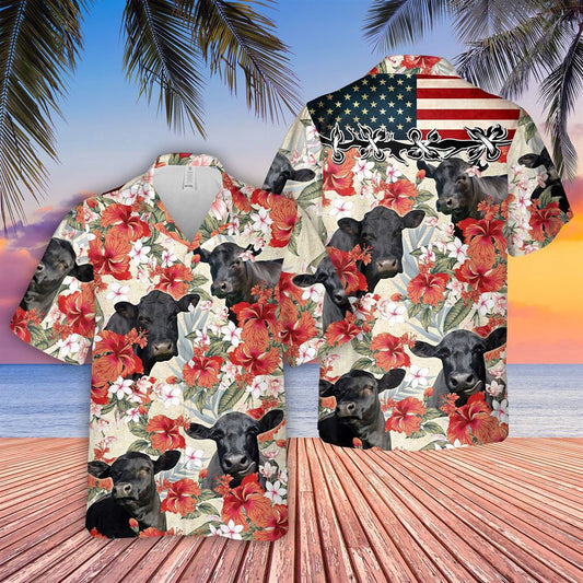 Hawaiian Cow Shirt, Black Angus Hibicus Floral Us Flag 3D Hawaiian Shirt, Animal Hawaiian Shirts, Farmer Shirts
