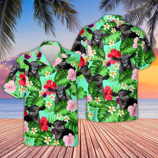 Hawaiian Cow Shirt, Black Angus Hibicus Tropical Pattern 3D Hawaiian Shirt, Animal Hawaiian Shirts, Farmer Shirts