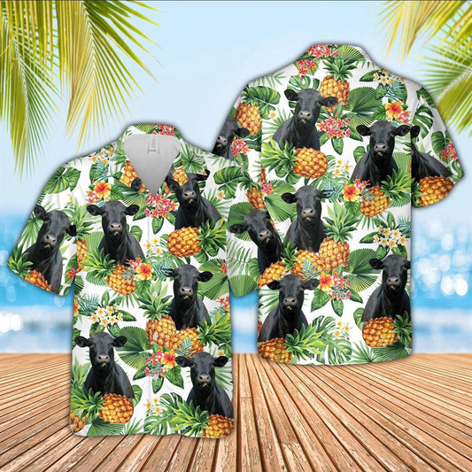 Hawaiian Cow Shirt, Black Angus Pineapple Pattern 3D Hawaiian Shirt, Animal Hawaiian Shirts, Farmer Shirts