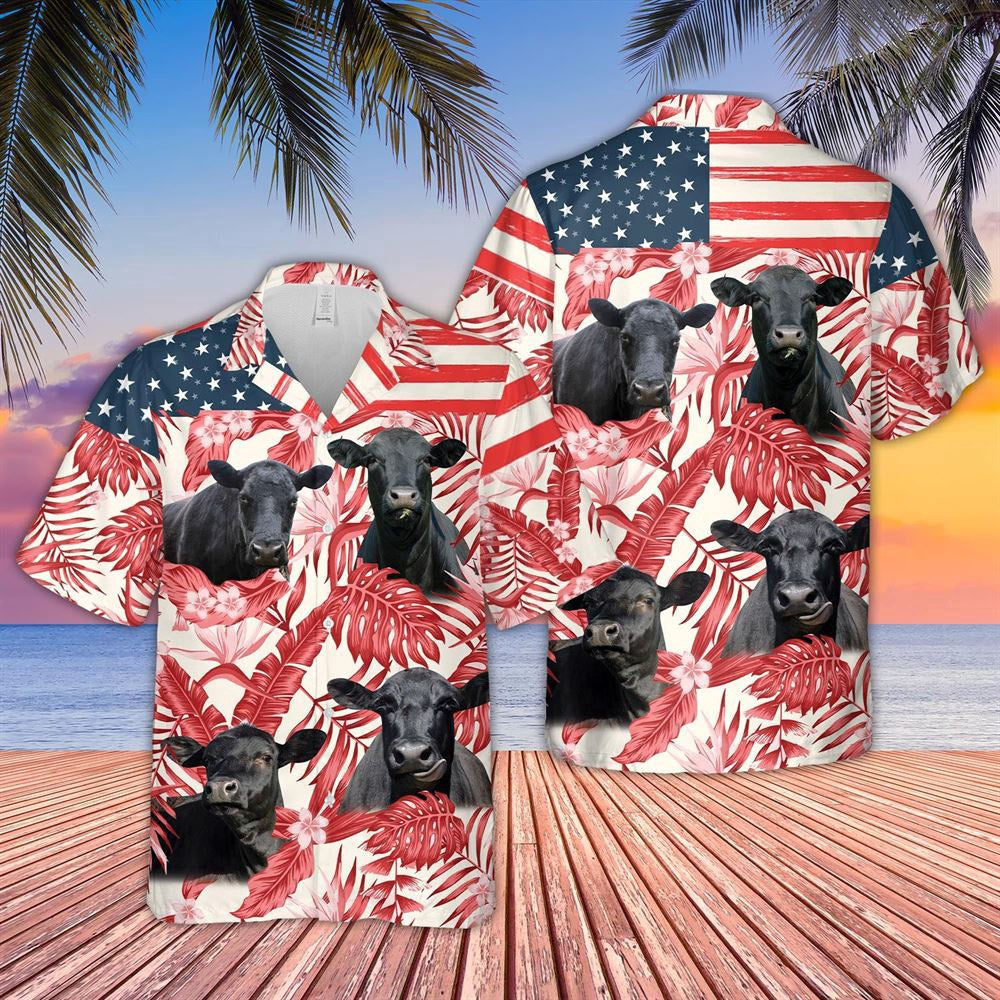Hawaiian Cow Shirt, Black Angus Red Floral Us Flag 3D Hawaiian Shirt, Animal Hawaiian Shirts, Farmer Shirts