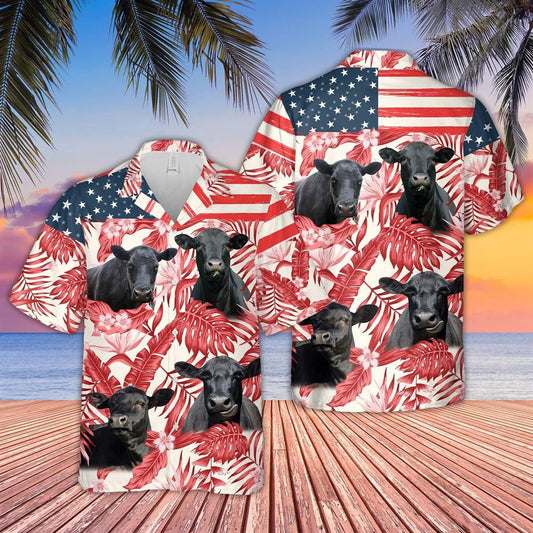 Hawaiian Cow Shirt, Black Angus Red Floral Us Flag 3D Hawaiian Shirt, Animal Hawaiian Shirts, Farmer Shirts