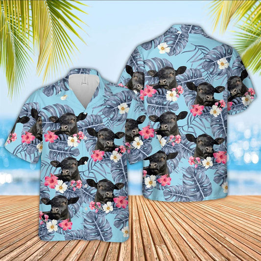Hawaiian Cow Shirt, Black Angus Sierra Blue Pattern 3D Hawaiian Shirt, Animal Hawaiian Shirts, Farmer Shirts