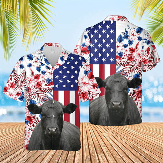 Hawaiian Cow Shirt, Black Angus Us Flag Flower 3D Hawaiian Shirt, Animal Hawaiian Shirts, Farmer Shirts