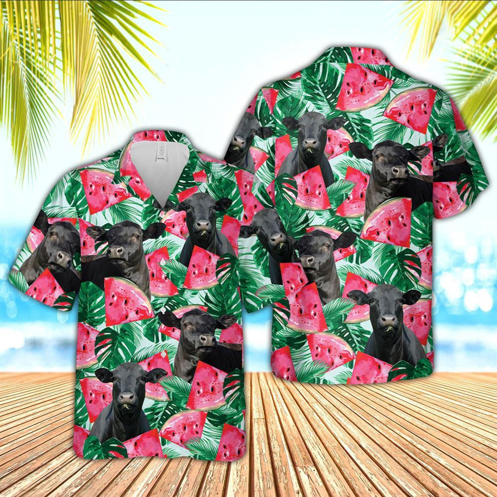 Hawaiian Cow Shirt, Black Angus Watermelon 3D Hawaiian Shirt, Animal Hawaiian Shirts, Farmer Shirts