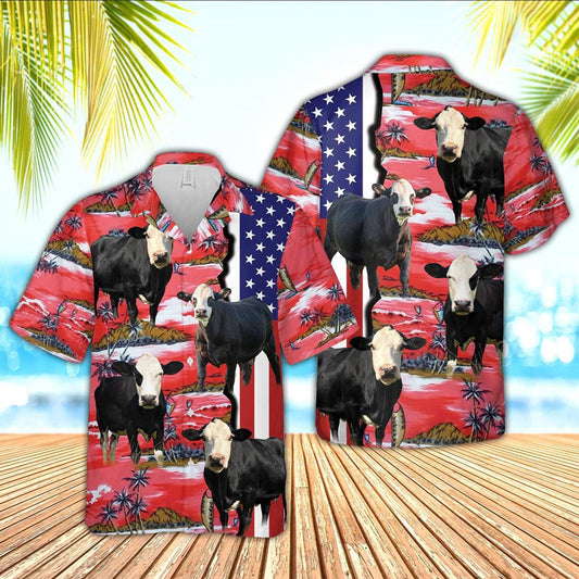 Hawaiian Cow Shirt, Black Baldy American Flag Farming 3D Hawaiian Shirt, Animal Hawaiian Shirts, Farmer Shirts