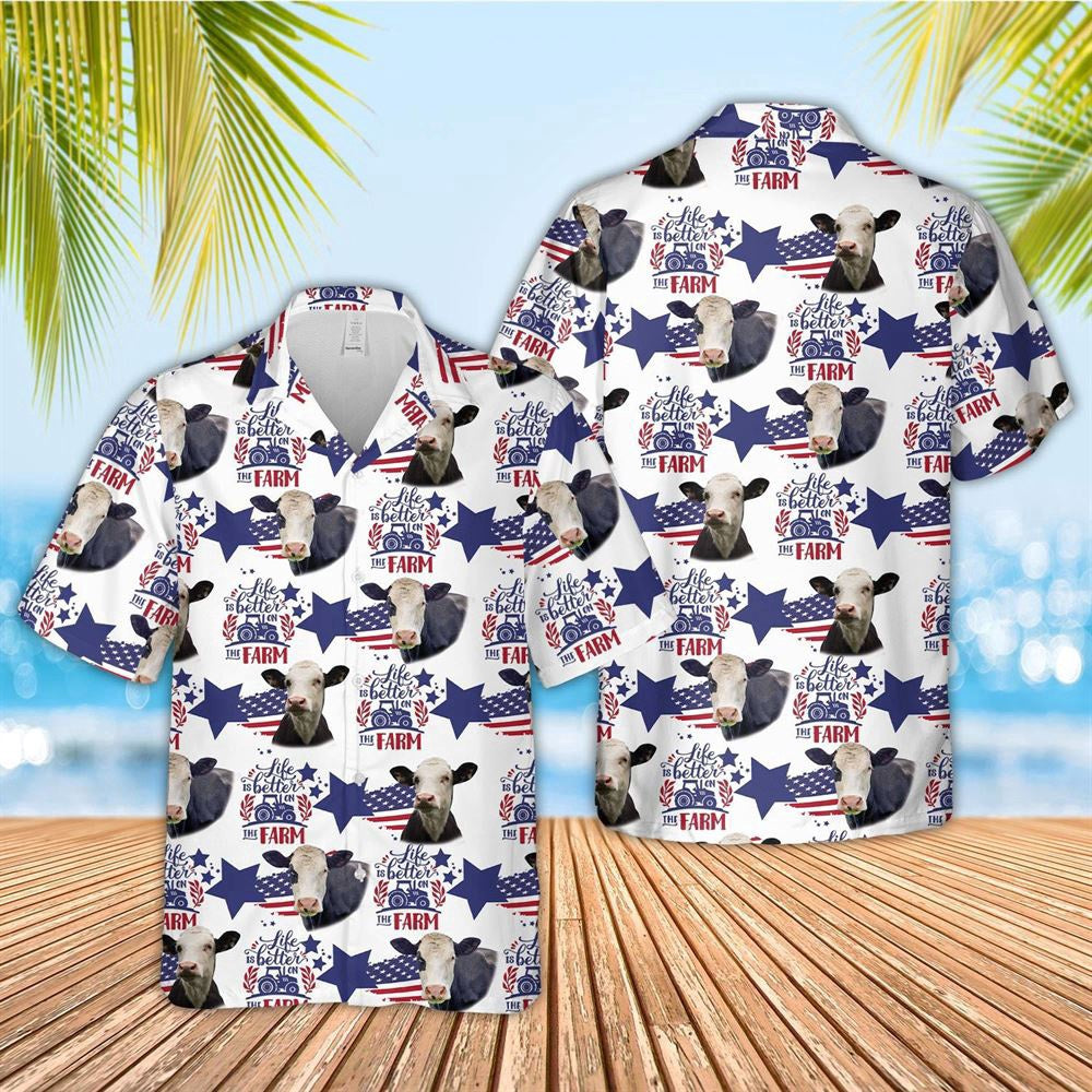 Hawaiian Cow Shirt, Black Baldy American Flag Pattern Hawaiian Shirt, Animal Hawaiian Shirts, Farmer Shirts