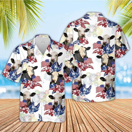 Hawaiian Cow Shirt, Black Baldy American Flowers And Flag Pattern Hawaiian Shirt, Animal Hawaiian Shirts, Farmer Shirts