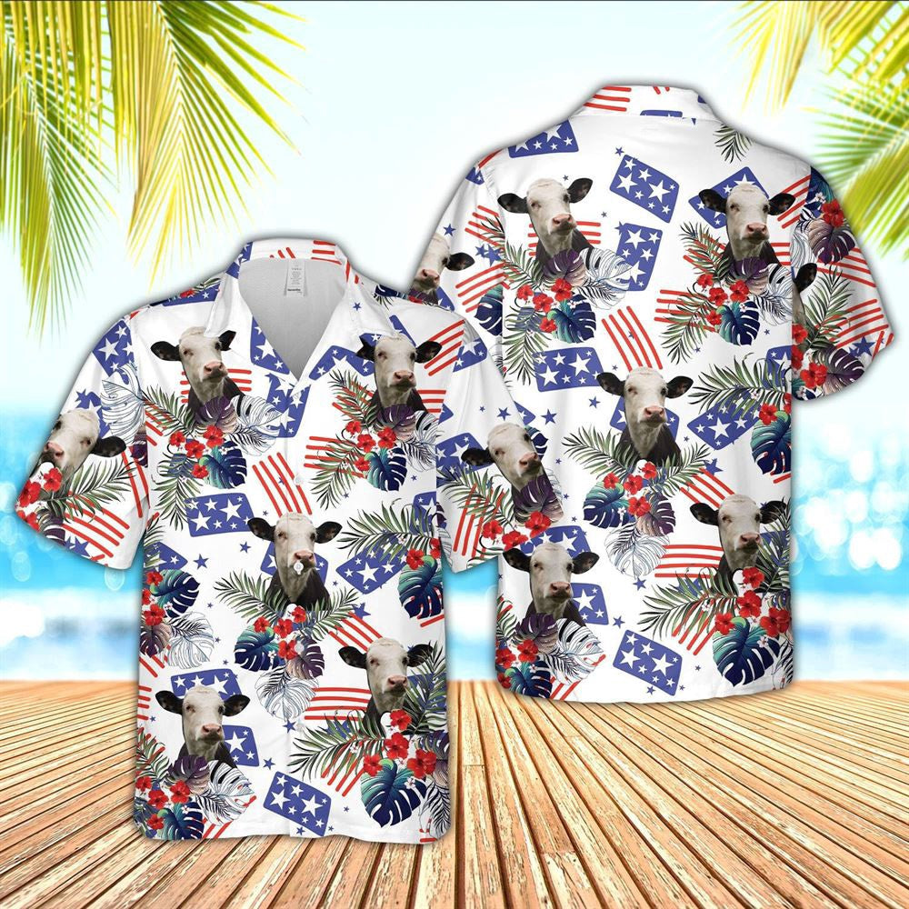 Hawaiian Cow Shirt, Black Baldy American Little Flowers And Flag Pattern Hawaiian Shirt, Animal Hawaiian Shirts, Farmer Shirts