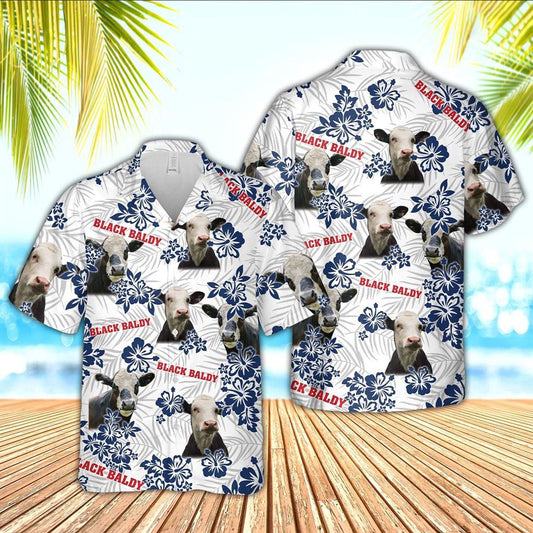 Hawaiian Cow Shirt, Black Baldy American White Flowers Pattern Hawaiian Shirt, Animal Hawaiian Shirts, Farmer Shirts
