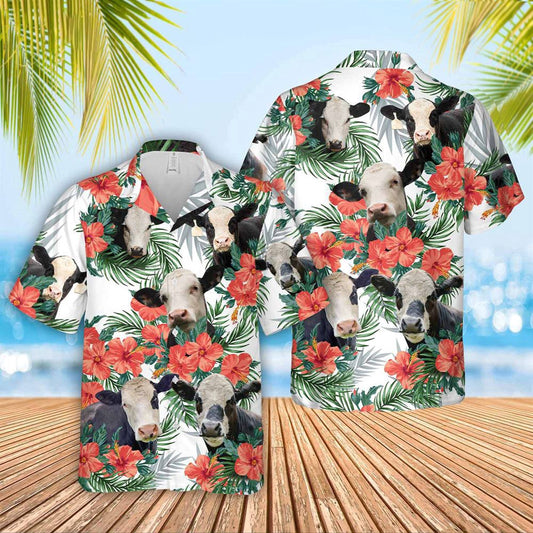 Hawaiian Cow Shirt, Black Baldy Cattle Hibucis Flower Pattern 3D Hawaiian Shirt, Animal Hawaiian Shirts, Farmer Shirts
