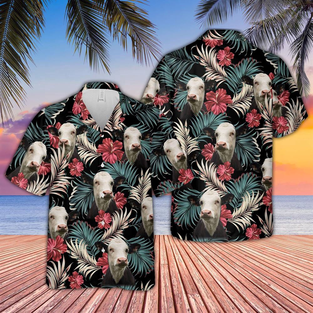 Hawaiian Cow Shirt, Black Baldy Dark Red Flowers Pattern Hawaiian Shirt, Animal Hawaiian Shirts, Farmer Shirts