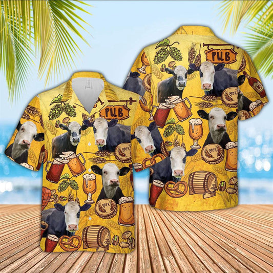 Hawaiian Cow Shirt, Black Baldy Drink Beer Pattern 3D Hawaiian Shirt, Animal Hawaiian Shirts, Farmer Shirts