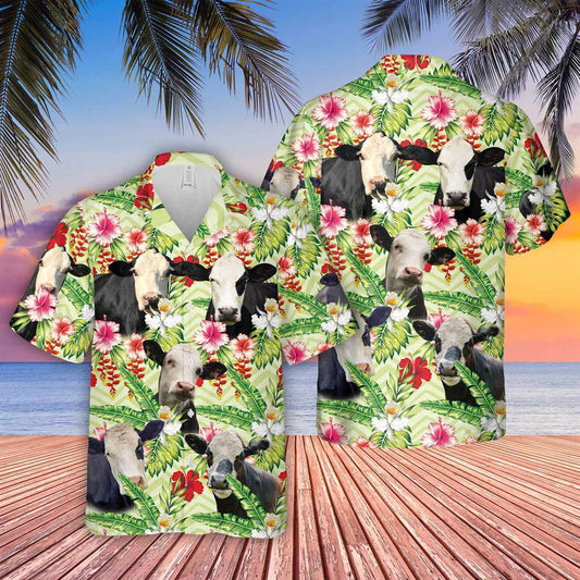 Hawaiian Cow Shirt, Black Baldy Hibicus Floral 3D Hawaiian Shirt, Animal Hawaiian Shirts, Farmer Shirts