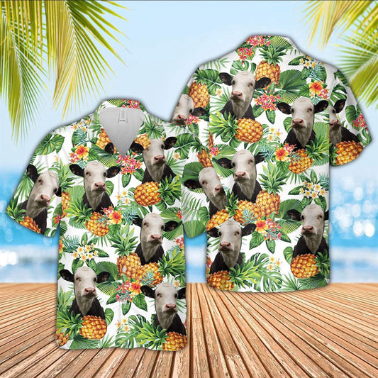 Hawaiian Cow Shirt, Black Baldy Pineapple Pattern 3D Hawaiian Shirt, Animal Hawaiian Shirts, Farmer Shirts