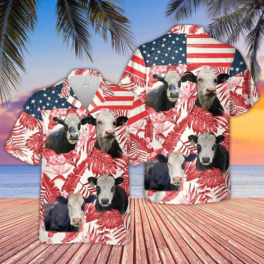 Hawaiian Cow Shirt, Black Baldy Red Floral Us Flag 3D Hawaiian Shirt, Animal Hawaiian Shirts, Farmer Shirts