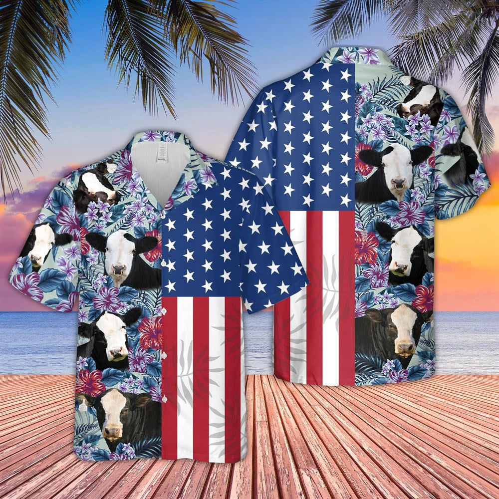 Hawaiian Cow Shirt, Blaze Face Simmental Flower Pattern American 3D Hawaiian Shirt, Animal Hawaiian Shirts, Farmer Shirts