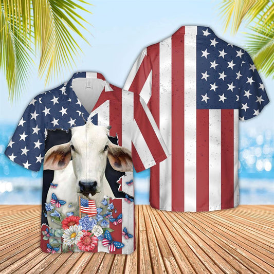 Hawaiian Cow Shirt, Brahman 4Th Of July 3D Hawaiian Shirt, Animal Hawaiian Shirts, Farmer Shirts