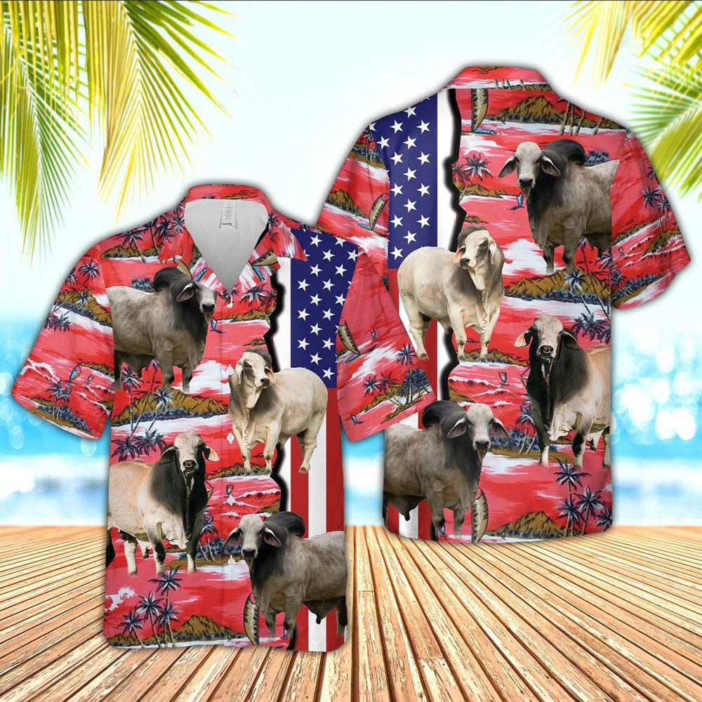 Hawaiian Cow Shirt, Brahman American Flag Farming 3D Hawaiian Shirt, Animal Hawaiian Shirts, Farmer Shirts