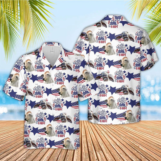 Hawaiian Cow Shirt, Brahman American Flag Pattern Hawaiian Shirt, Animal Hawaiian Shirts, Farmer Shirts