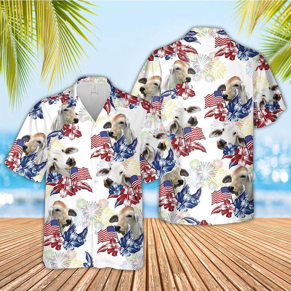 Hawaiian Cow Shirt, Brahman American Flowers And Flag Pattern Hawaiian Shirt, Animal Hawaiian Shirts, Farmer Shirts