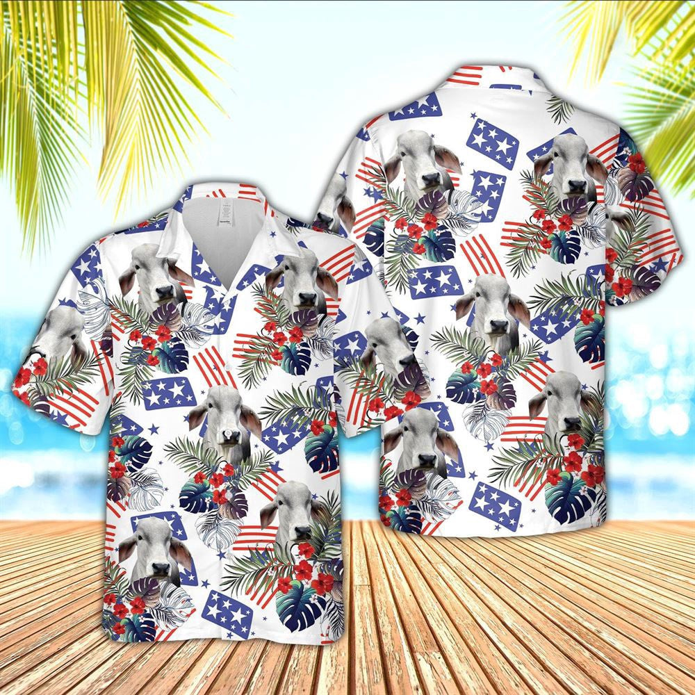 Hawaiian Cow Shirt, Brahman American Little Flowers And Flag Pattern Hawaiian Shirt, Animal Hawaiian Shirts, Farmer Shirts