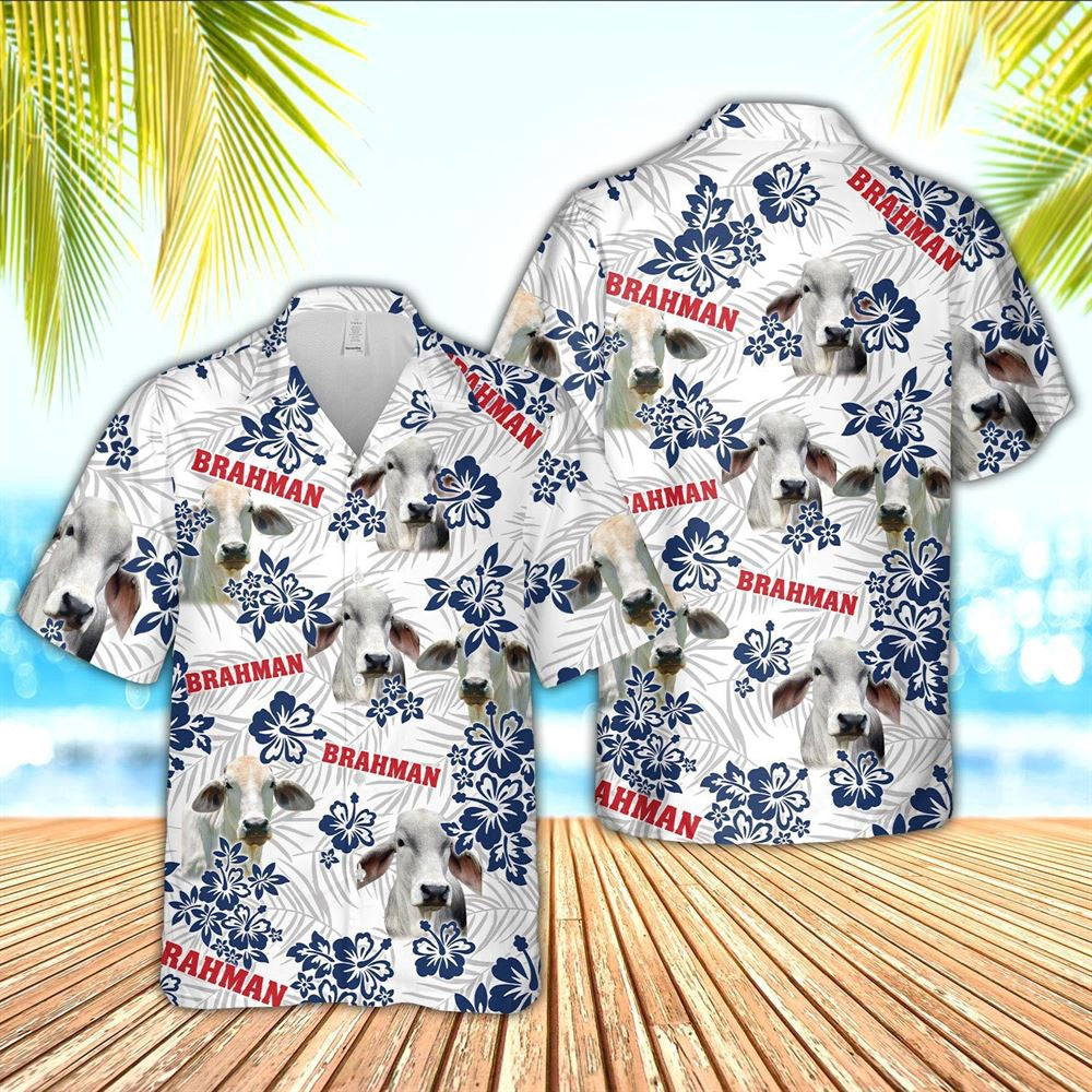 Hawaiian Cow Shirt, Brahman American White Flowers Pattern Hawaiian Shirt, Animal Hawaiian Shirts, Farmer Shirts