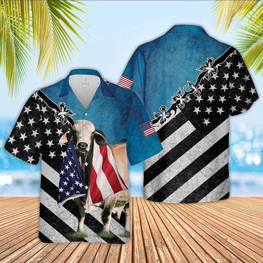 Hawaiian Cow Shirt, Brahman Cattle American Flag Hawaiian Shirt, Animal Hawaiian Shirts, Farmer Shirts