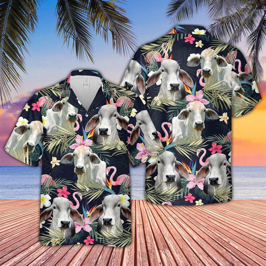 Hawaiian Cow Shirt, Brahman Cattle And Flamingo Flower Pattern 3D Hawaiian Shirt, Animal Hawaiian Shirts, Farmer Shirts